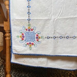 Vintage Embroidered White and Blue Tablecloth
